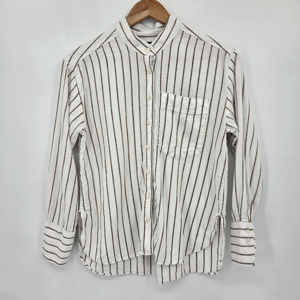 Banana Republic Linen Blend Band Collar Shirt Neutral Stripe Coastal Size PS